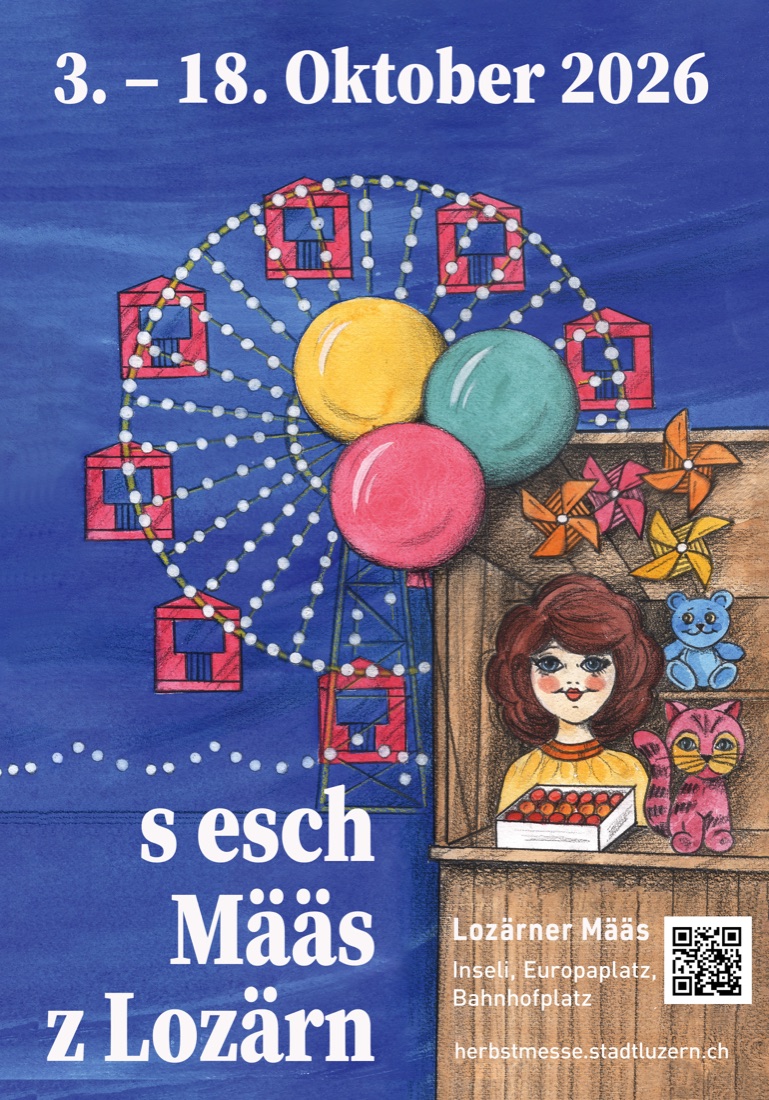 Määs-Plakat 2026: Riesenrad, Ballone und Marktstand mit Puppe